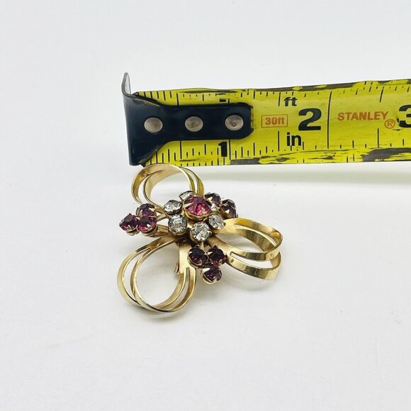 Cloverleaf Ribbon Pin Gold Tone Pink Clear Rhinestone Accents Nature Garden Tree - Picture 5 of 6